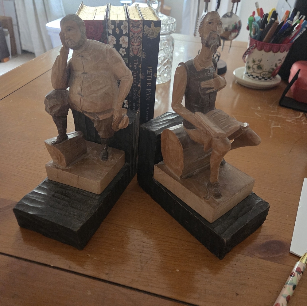 Vintage Hand Carved Wooden Don Quixote & Sancho Panza Bookends